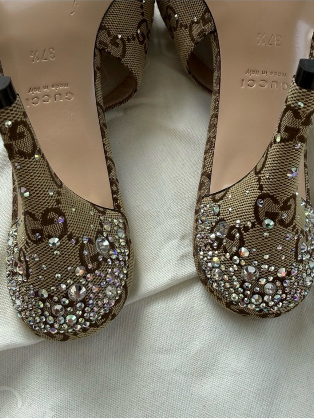 Gucci Beige GG Canvas Crystal-Embellished Slingback Pumps - Picture 6 of 7